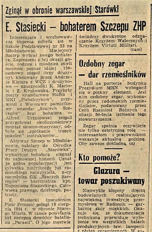 Informacja prasowa z 1971 r. o nadaniu 23 Szczepowi Drużyn Harcerskich w Radomiu im. Eugeniusza Stasieckiego (zbiory Radomska Biblioteka Cyfrowa)