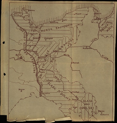 Mapa stanowiąca załącznik do wydanej konspiracyjnie w 1941 r. pracy Lecha Neymana „Szaniec Bolesławów”, przedstawiająca postulowaną w okresie II wojny światowej przez polski obóz narodowy powojenną zachodnią granicę Polski (z zasobu AIPN)