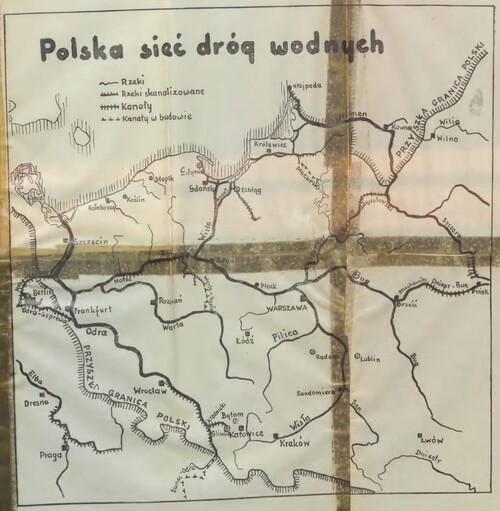 „Polska sieć dróg wodnych” w perspektywie powrotu do Polski ziem nad i za Odrą i Nysą Łużycką, całego Zalewu Szczecińskiego, wysp Uznam i Rugia oraz włączenia do Polski całych Prus Wschodnich włącznie z Królewcem. Mapa – załącznik do „Szańca Bolesławów” (z kopii w zasobach Bałtyckiej Biblioteki Cyfrowej; źródło: Narodowe Muzeum Morskie)