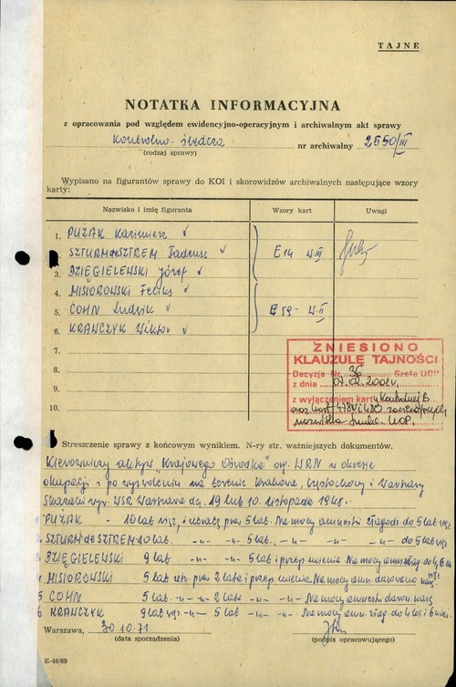 Notatka funkcjonariusza MSW podsumowująca sprawę kontrolno-śledczą przywódców PPS-WRN. W dokumencie znajduje się zestawienie wyroków, jakie zasądzone zostały poszczególnym osobom przez WSR w Warszawie w listopadzie 1948 r. Warszawa, 30 października 1971 r. Ze zbiorów IPN