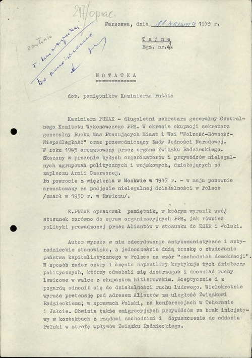 Notatka płk. K. Sławińskiego z Departamentu III MSW dotycząca znalezionego maszynopisu wspomnień Kazimierza Pużaka (pierwsza strona). Warszawa, 11 września 1973 r. Ze zbiorów IPN