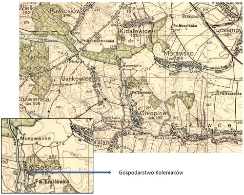 Fragment z mapy WIG Pas 49 Słup 35 Przemyśl, obejmującym przysiółek Sośnica i folwark Emilówka oraz wieś Chłopice (Jagiellońska Biblioteka Cyfrowa)
