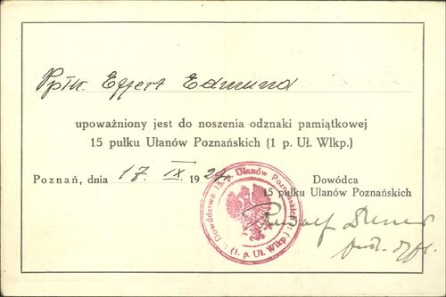 Legitymacja odznaczeniowa Edmunda Efferta (fot. z zasobu Archiwum IPN w Poznaniu)