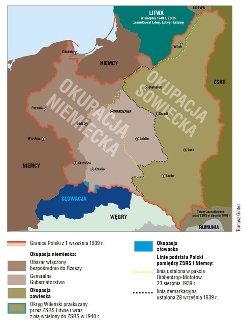Okupacja terytorium Polski w latach 1939–1941, rys. Tomasz Ginter, Maciej Korkuć, Walcząca Rzeczpospolita 1939–1945, Warszawa 2019