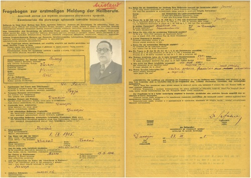 Kwestionariusz dla pierwszego zgłoszenia zawodów leczniczych; Dunajów, 23 marca 1942 r. (z zasobu AIPN)