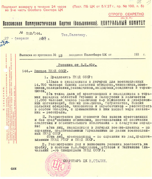 Wyciąg z protokołu nr 13 posiedzenia Biura Politycznego Komitetu Centralnego KPZR zawierający uchwałę z 5 III 1940 r., czyli tzw. rozkaz katyński