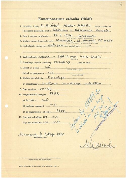 Maciej Zimiński, kwestionariusz członka ORMO (z zasobu IPN)