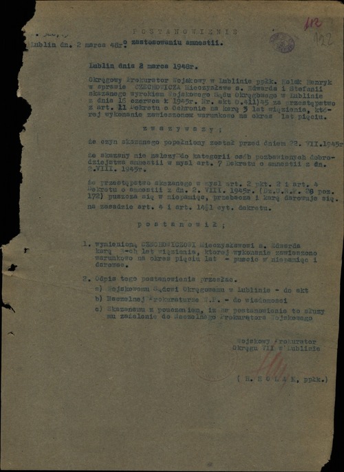 Postanowienie o zastosowaniu amnestii wobec Mieczysława Czechowicza (z zasobu AIPN)