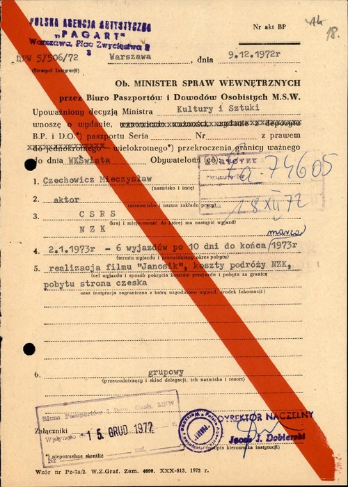 Wniosek Jacka J. Dobierskiego, dyrektora Polskiej Agencji Artystycznej „PAGART”, o wydanie Mieczysławowi Czechowiczowi paszportu w związku z realizacją „filmu »Janosik«”. Warszawa, 9 grudnia 1972 r. (z zasobu AIPN)