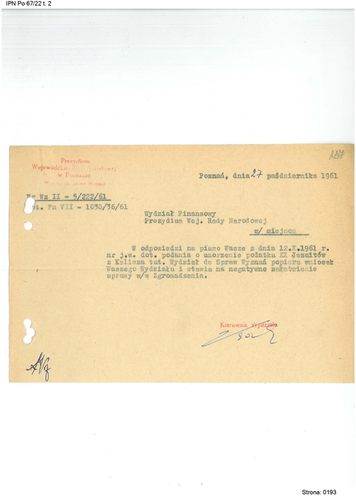 Odpowiedź kierownika Wydziału do Spraw Wyznań PWRN w Poznaniu do Wydziału Finansowego PWRN w Poznaniu w sprawie negatywnego rozpatrzenia odwołania Ojców Jezuitów