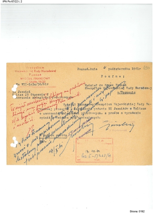 Pismo Wydziału Finansowego PWRN w Poznaniu do Wydziału do Spraw Wyznań PWRN w Poznaniu w sprawie wyrażenia opinii na temat wniosku o umorzenie zaległości podatkowych Ojców Jezuitów z Kalisza, 11 X 1961 r. (z zasobu IPN)