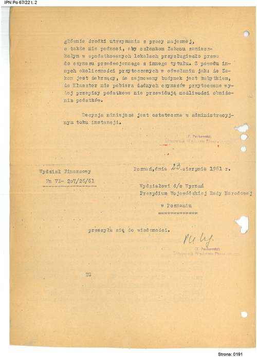 Odpowiedź Wydziału Finansowego Prezydium Wojewódzkiej Rady Narodowej w Poznaniu na odwołanie Ojców Jezuitów z Kalisza w sprawie umorzenia zaległości podatkowych, 23 VIII 1961 r. (z zasobu IPN)