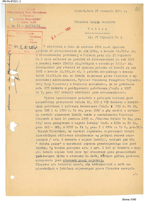 Odpowiedź Wydziału Finansowego Prezydium Wojewódzkiej Rady Narodowej w Poznaniu na odwołanie Ojców Jezuitów z Kalisza w sprawie umorzenia zaległości podatkowych