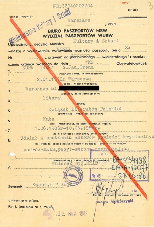 Wniosek do Biura Paszportów MSW o wystawienie Irenie Kuhn paszportu z prawem do wielokrotnego przekraczania granicy, 1986 r. (z zasobu IPN)