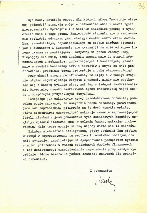 Pismo Ireny Kuhn do ministra spraw wewnętrznych o ingerencję w sprawie uzyskania przez nią paszportu i ułatwienie wyjazdów zagranicznych. Warszawa, 7 VI 1985 r. (z zasobu IPN)