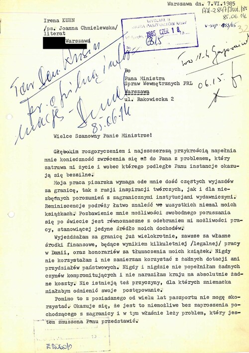 Pismo Ireny Kuhn do ministra spraw wewnętrznych o ingerencję w sprawie uzyskania przez nią paszportu i ułatwienie wyjazdów zagranicznych. Warszawa, 7 VI 1985 r. (z zasobu IPN)