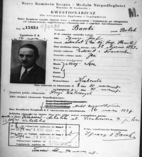 Kwestionariusz wypełniany w celu przyznania Krzyża i Medalu Niepodległości