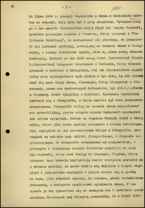 Trzecia strona protokołu zeznania złożonego przez ks. Augustyna Mańkowskiego wobec prokuratora „Komisji dla Badania Zbrodni Niemiecko-Hitlerowskich w Oświęcimiu”, Kraków, 29 maja 1945 r. Na stronie tej znajduje się relacja dotycząca ucieczki z KL Auschwitz-Birkenau ks. Mańkowskiego, więźnia tego obozu (z zasobu AIPN)