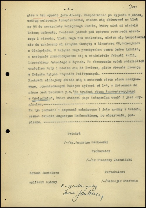 Czwarta strona protokołu zeznania złożonego przez ks. Augustyna Mańkowskiego wobec prokuratora „Komisji dla Badania Zbrodni Niemiecko-Hitlerowskich w Oświęcimiu”, Kraków, 29 maja 1945 r. Na stronie tej znajduje się relacja dotycząca ucieczki z KL Auschwitz-Birkenau ks. Mańkowskiego, więźnia tego obozu (z zasobu AIPN)