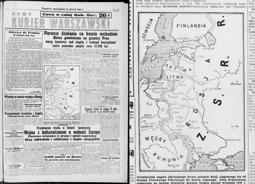 „Nowy Kurier Warszawski” 1941, nr 146 (23 czerwca)  - strona tytułowa wraz z powiększeniem mapy obrazującej otwarcie niemieckiego frontu przeciw Związkowi Sowieckiemu (ze zbiorów Biblioteki Narodowej)