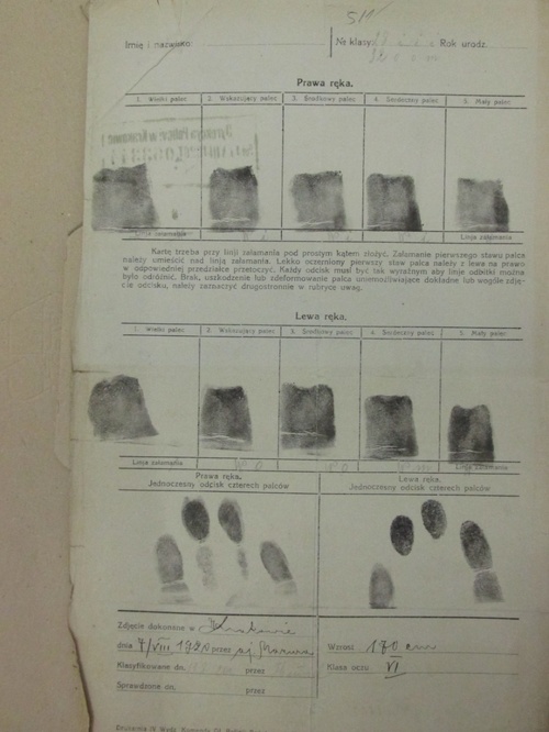 Karta daktyloskopijna z Komendy Kraków-miasto. 1920 r. (z zasobu Archiwum Narodowego w Krakowie)