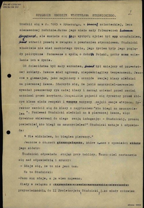 Pierwsza strona maszynopisu pt. „Stulecie urodzin Władysława Studnickiego” (z zasobu IPN)