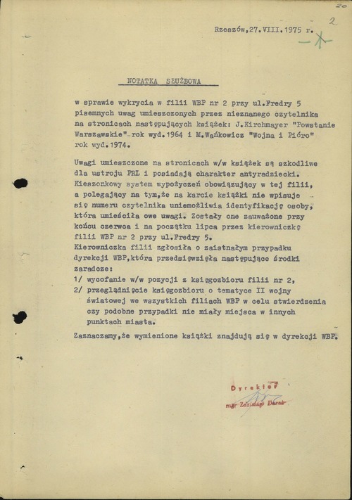 Notatka służbowa sporządzona przez Zdzisława Daraża, dyrektora Wojewódzkiej Biblioteki Publicznej w Rzeszowie, 27 sierpnia 1975 r. (z zasobu IPN)