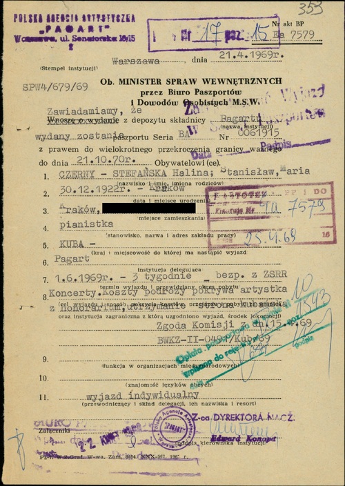 Zgoda władz na tournée Haliny Czerny-Stefańskiej po Kubie w 1969 r. (z zasobu AIPN)