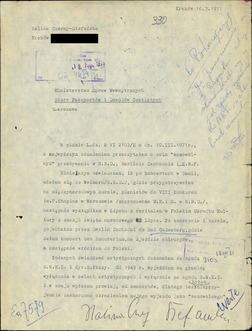 Wyjaśnienia artystki w kwestii „samowolnego” przedłużenia wyjazdu służbowego w 1971 r. (z zasobu AIPN)