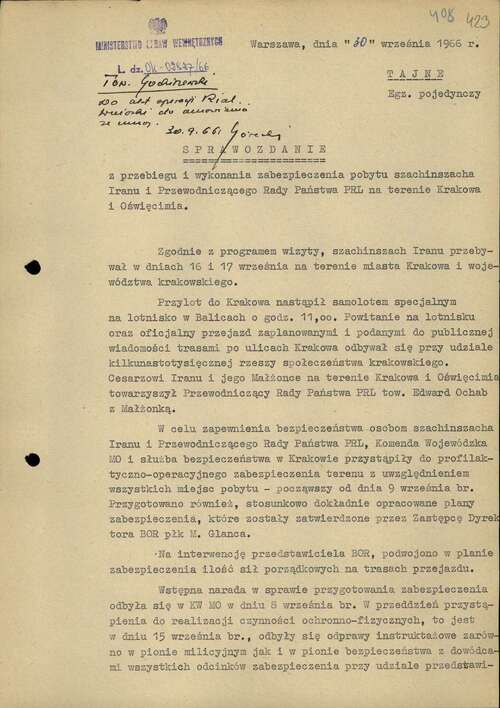 Report from the course and securing of stay of Iranian shah of shahs and President of the State Council of the Polish People’s Republic in Krakow and Oświęcim (first page). Warsaw, 30.09.1966 (photo from the collections of the Institute of National Remembrance). The report describes the shah’s arrival and security measures.