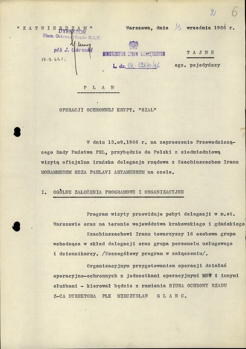 Page from the program of Iranian shah’s visit to Poland, September 1966 (photo from the collections of the Institute of National Remembrance)