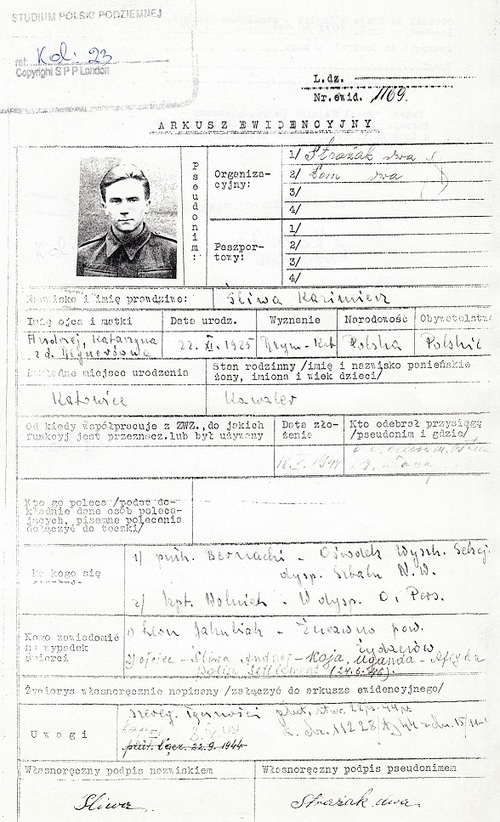 Arkusz ewidencyjny plut. Kazimierza Śliwy (Studium Polski Podziemnej, kopia dokumentu ze zbiorów Krzysztofa Tochmana)