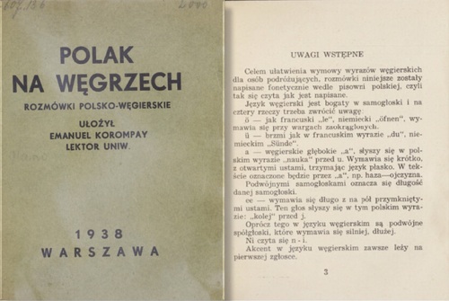 E. Korompay, <i>Polak na Węgrzech. Rozmówki polsko-węgierskie</i>, Warszawa 1938 (ze zbiorów Biblioteki Narodowej)