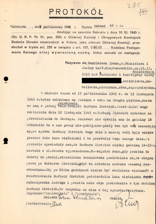 Protokół zeznania złożonego przez Irenę Sendlerową przed Główną Komisją Badania Zbrodni Hitlerowskich w Polsce, 7 października 1946 r. (z zasobu AIPN)