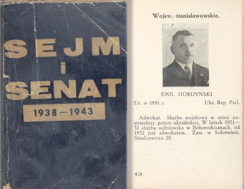 Omelan Hordynski na stronach książki <i>Sejm i senat 1938-1943. V kadencja</i> (1939)
