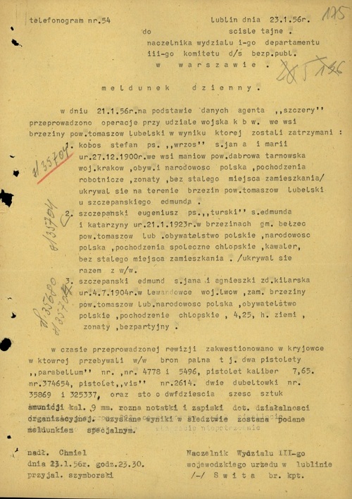 Meldunek dzienny o aresztowaniu Stefana Kobosa i jego towarzyszy (z zasobu AIPN)