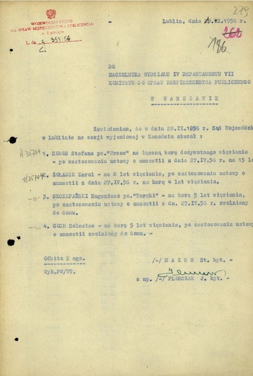 Informacja przesłana do KdsBP w Warszawie o skazaniu „Wrzosa” i jego towarzyszy (z zasobu AIPN)