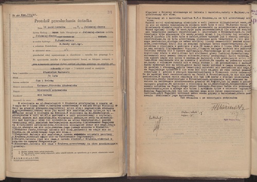 Zeznanie Stanisława Marusarza złożone 16 października 1947 r. przed sędzią śledczym Sądu Okręgowego w Jeleniej Górze. Dokument pochodzi z akt wytworzonych przez Okręgową Komisję Badania Zbrodni Niemieckich w Krakowie w sprawie Josefa Bühlera, sekretarza stanu i szefa rządu Generalnego Gubernatorstwa, sądzonego przez Najwyższym Trybunałem Narodowym i skazanego na karę śmierci w 1948 r. (z zasobu AIPN)