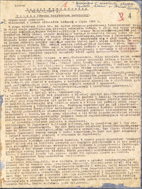 Raport wywiadowczy z 10 grudnia 1945 r. pochodzący z archiwum sieci wywiadowczej krypt. „Liceum” (z zasobu AIPN)