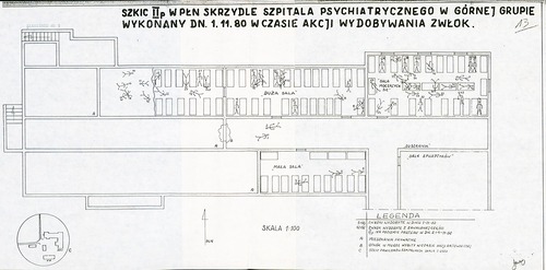 Szkic II piętra w północnym skrzydle Szpitala dla Nerwowo i Psychicznie Chorych w Górnej Grupie, wykonany w trakcie akcji wydobywania zwłok po pożarze, 1 listopada 1980 r. Szkic pochodzi z pracy magisterskiej Wiesława Bieska pt. „Organizacja działań ochronno-porządkowych WUSW w Bydgoszczy podczas katastrof i klęsk żywiołowych na przykładzie pożaru szpitala psychiatrycznego w Górnej Grupie” (fot. z zasobu AIPN)