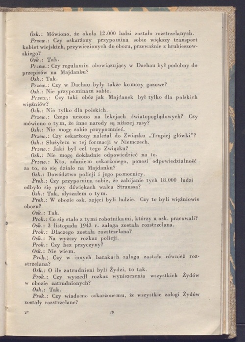 Relacja z przebiegu rozprawy sześciu członków załogi KL Lublin przed Specjalnym Sądem Karnym w Lublinie. Fragment przesłuchania oskarżonego Hauptscharführera Wilhelma Gerstenmeiera. Ze zbiorów Biblioteki Narodowej (Polona.pl)