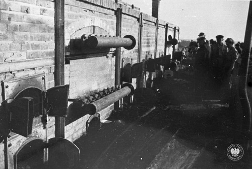 Obóz na Majdanku po wyzwoleniu. Na zdjęciu piece krematoryjne z widoczną instalacją doprowadzającą ropę naftową. Lublin, lipiec 1944 r. Fot. z zasobu AIPN