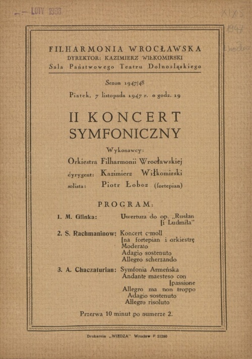 Plakat zapowiadający koncert klasycznej musyki rosyjskiej w Filharmonii we Wrocławiu (ze zbiorów Biblioteki Narodowej)