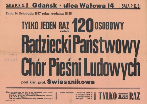 Plakat zapowiadający wystę chóru Swiesznikowa w Gdańsku (ze zbiorów Biblioteki Narodowej)