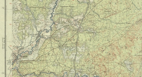 We fragmencie mapy WiG z 1935 r. widoczne m.in. miejscowości Pirciupie (zapisane jako <i>Pierciupie</i>) i Olkieniki (siedziba gminy)