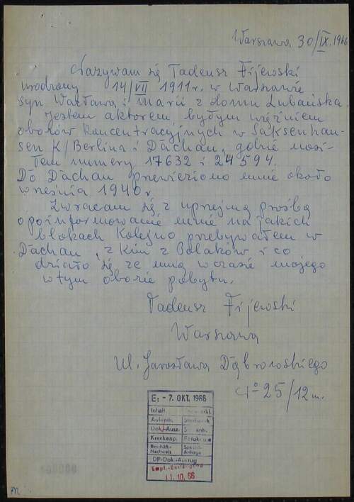 Korespondencja Tadeusza Fijewskiego z 1966 r. skierowana do Bad Arolsen (z zasobu Arolsen Archives)