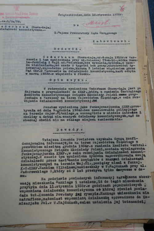 Dokument na temat zatrzymania Chawy-Łaji Cederbaum w 1937 r.