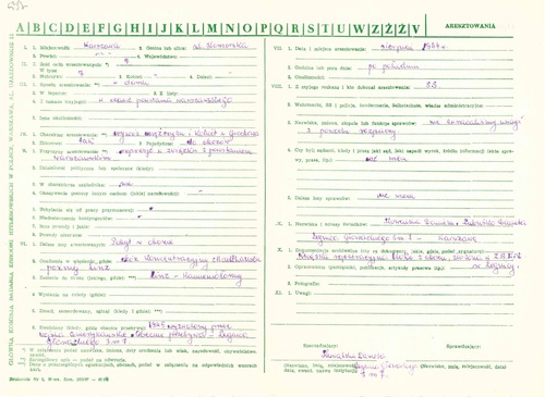 Ankieta dot. aresztowania 7 mężczyzn zamieszkałych przy ul. Komorskiej w Warszawie w sierpniu 1944 r. wypełniona przez Danielę Kowalską (z zasobu AIPN)