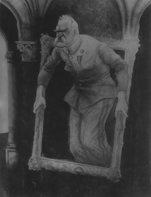 Karykatura wykonana przez artystę malarza Zdzisława Czermańskiego przedstawiająca Józefa Piłsudskiego „W ramach Konstytucji” (z zasobu NAC)