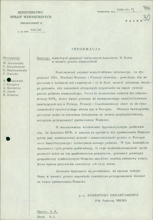 Informacja z 19 stycznia 1990 r. w sprawie niektórych posunięć taktycznych kanclerza Helmuta Kohla w kwestii granic niemieckich (z zasobu IPN)